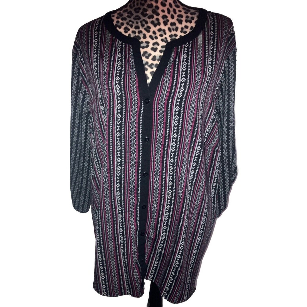 Catherines Top Tunic 3X  Black Maroon Vertical Strip Pattern Boho Peasant
